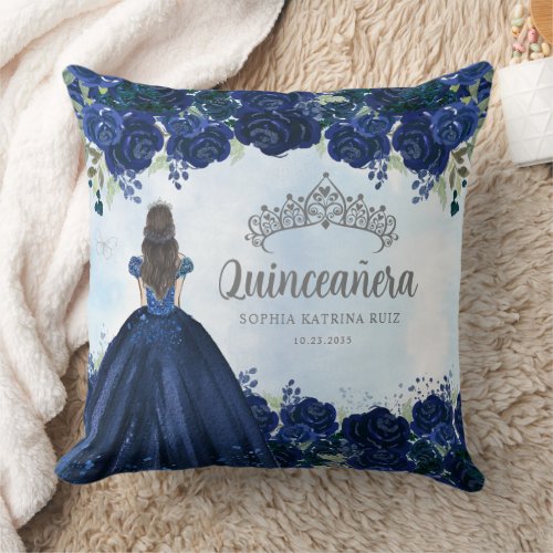 Floral Navy Blue Gray Princess Tiara Quinceanera  Throw Pillow