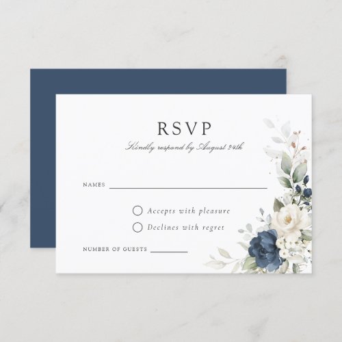 Floral Navy Blue Greenery Gold Wedding RSVP Card