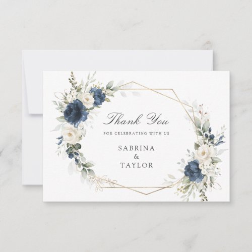 Floral Navy Blue Greenery Wedding Thank You Card