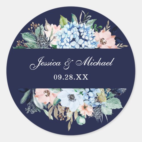 Floral Navy Blue Hydrangea Watercolor Wedding Classic Round Sticker