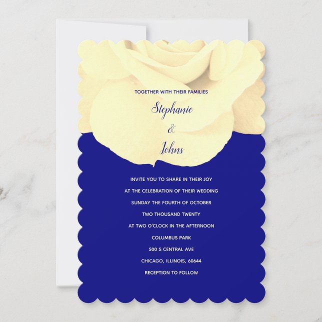 Floral Navy Blue Ivory Rose Spring Summer Wedding Invitation (Front)