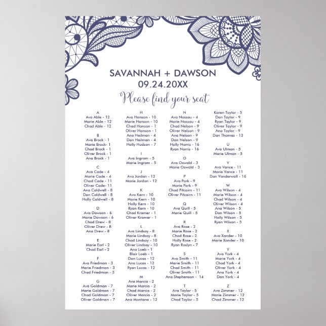 Floral Navy Blue Lace Alphabetical Seating Chart (Front)