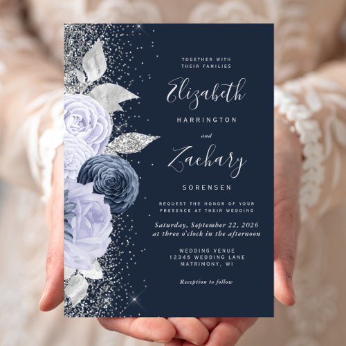 Floral Navy Blue Lilac Silver Glitter Wedding Invitation