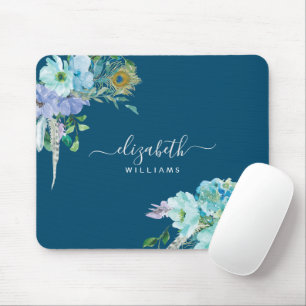 Floral Navy Blue Mint Foliage Botanical Script Mouse Pad