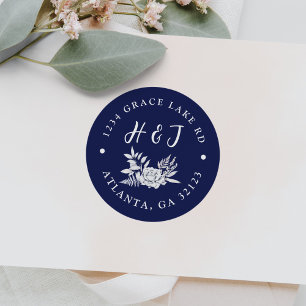 Floral Navy Blue Modern Wedding Return Address Classic Round Sticker