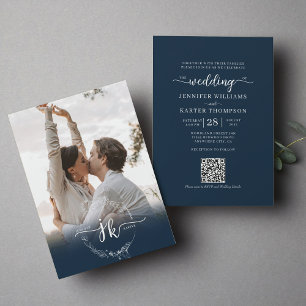 Floral Navy Blue Monogram Photo QR Code Wedding Invitation
