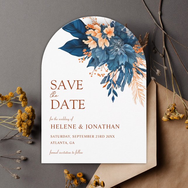 Floral Navy Blue Orange Rust Elegant Wedding Save The Date (Floral Navy Blue Orange Rust Elegant Wedding Save The Date)