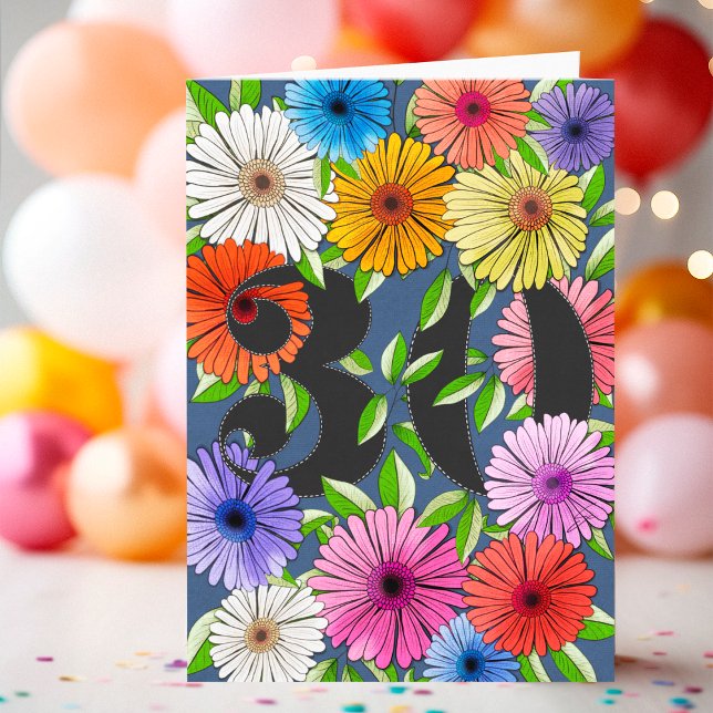 Floral Navy Blue Personalized 30th Birthday Card (Creator Uploaded)
