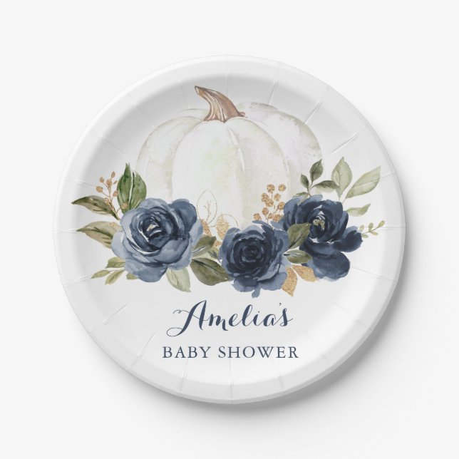 Floral Navy Blue Pumpkin Baby Shower Fall Paper Plates (Front)