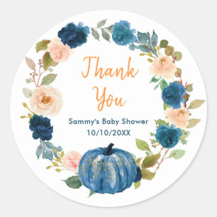 Floral Navy Blue Pumpkin Baby Shower Thank You Classic Round Sticker