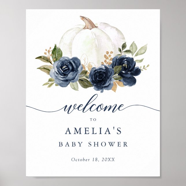 Floral Navy Blue Pumpkin Baby Shower Welcome Sign (Front)