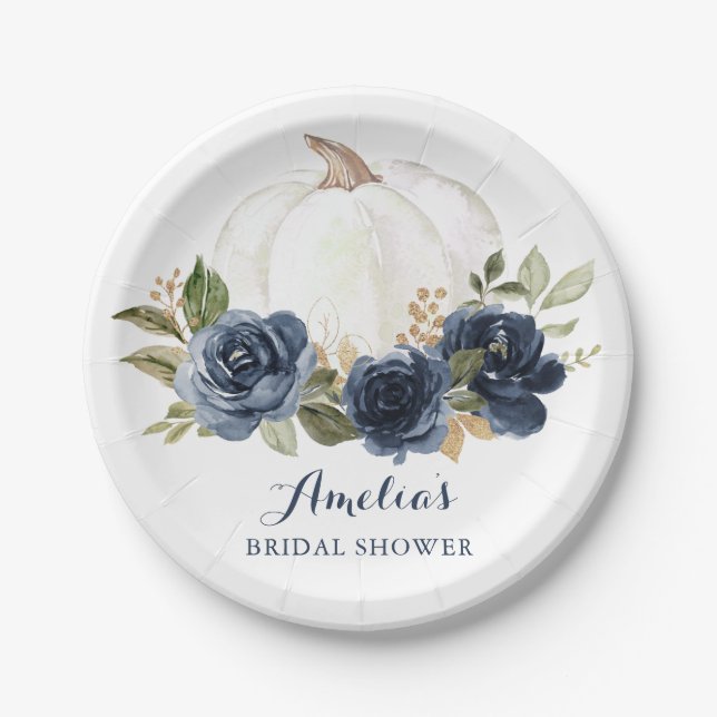 Floral Navy Blue Pumpkin Bridal Shower Fall Paper Plates (Front)
