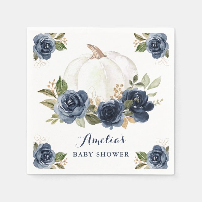 Floral Navy Blue Pumpkin Fall Baby Shower Napkins (Front)