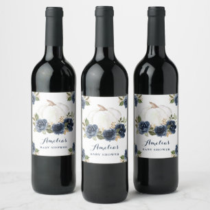 Floral Navy Blue Pumpkin Fall Baby Shower Wine Label