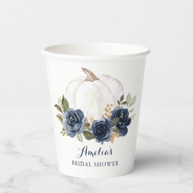 Floral Navy Blue Pumpkin Fall Bridal Shower Paper Cups (Front)
