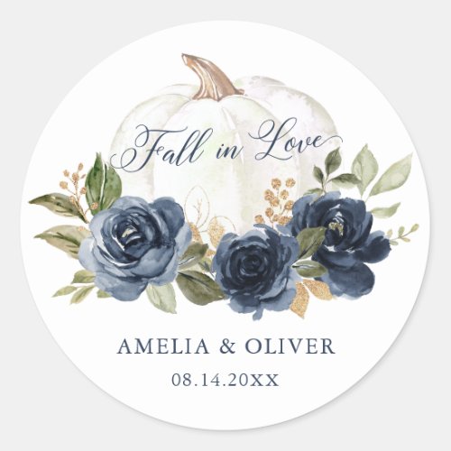 Floral Navy Blue Pumpkin Fall in Love Wedding Classic Round Sticker