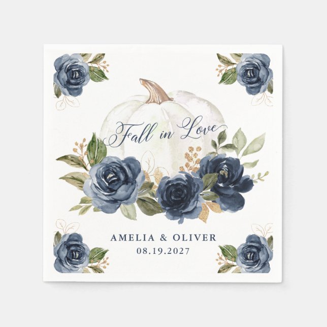 Floral Navy Blue Pumpkin Fall in Love Wedding Napkins (Front)