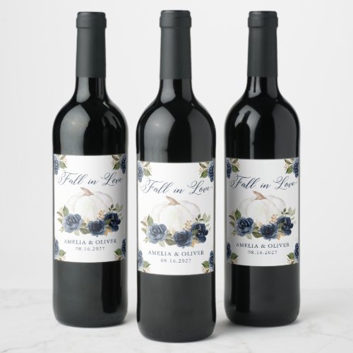 Floral Navy Blue Pumpkin Fall in Love Wedding Wine Label