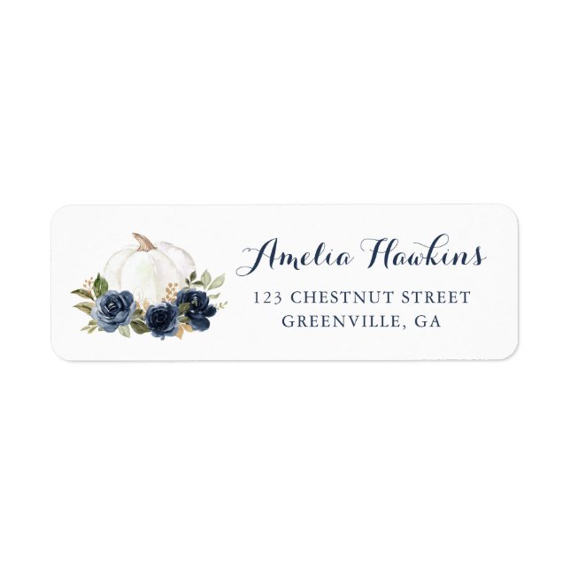 Floral Navy Blue Pumpkin Fall Return Address Label (Front)