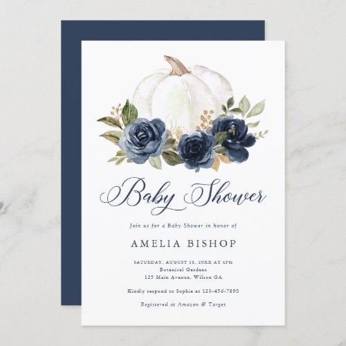 Floral Navy Blue Pumpkin Gold Leaf Baby Shower Invitation