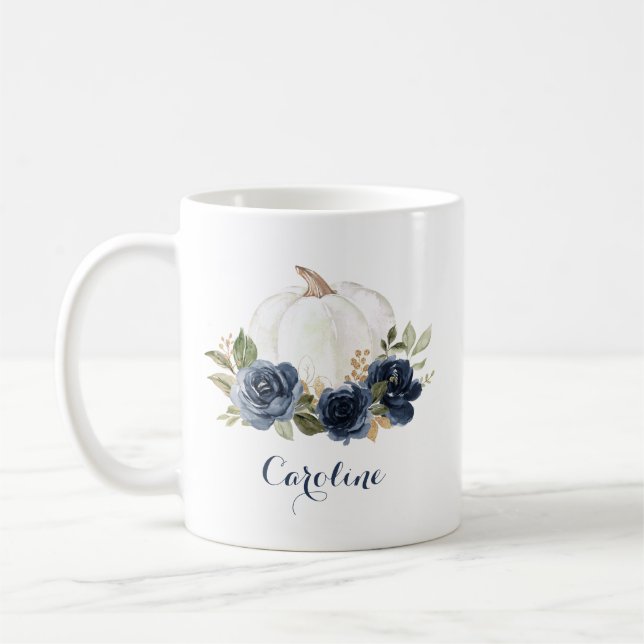 Floral Navy Blue Pumpkin Personalized Mug (Left)