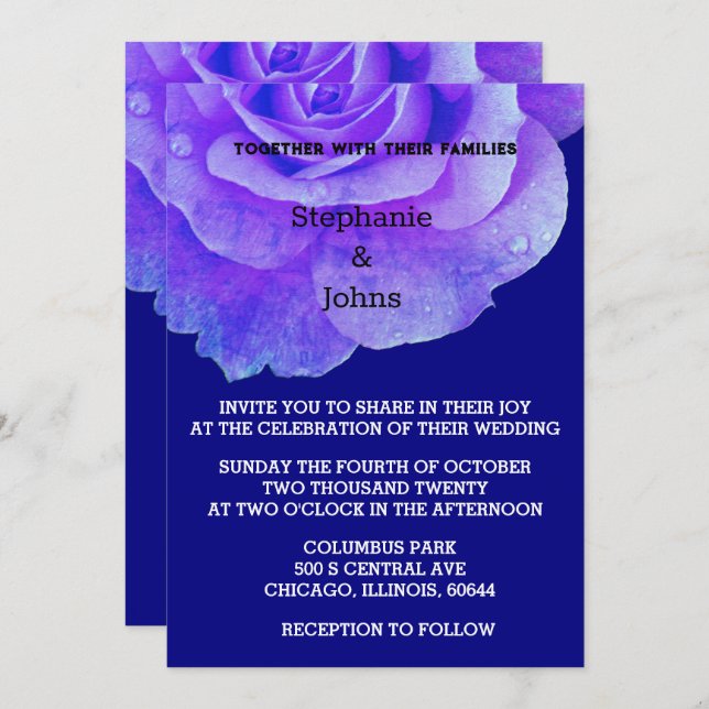Floral Navy Blue Rose Flower Rustic Boho Wedding Invitation (Front/Back)
