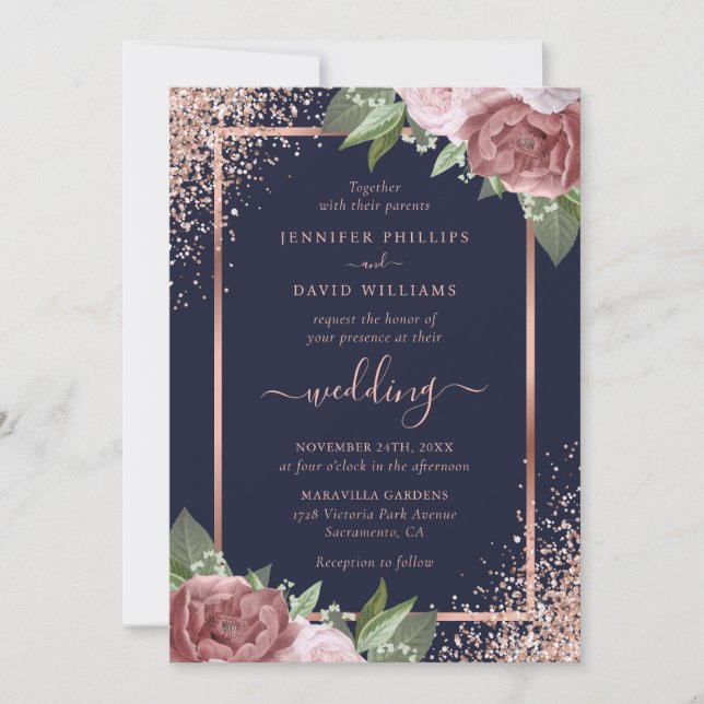 Floral Navy Blue Rose Gold Confetti Wedding Invitation (Front)