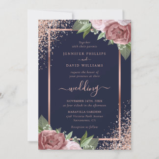 Floral Navy Blue Rose Gold Confetti Wedding Invitation