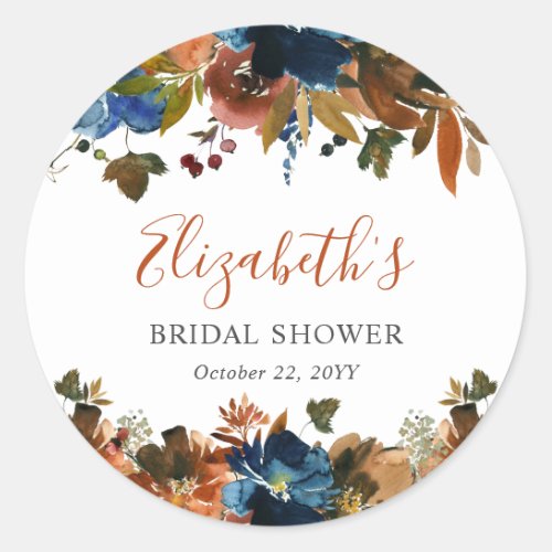 Floral Navy Blue Rust Brown Bridal Shower Welcome Classic Round Sticker