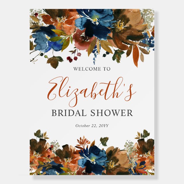 Floral Navy Blue Rust Brown Bridal Shower Welcome Foam Board (Front)