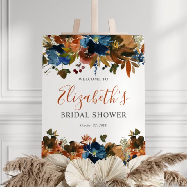 Floral Navy Blue Rust Brown Bridal Shower Welcome Foam Board (Creator Uploaded)