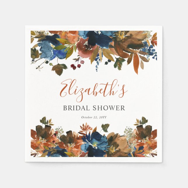 Floral Navy Blue Rust Brown Bridal Shower Welcome Napkins (Front)