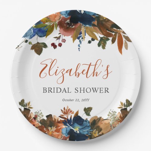 Floral Navy Blue Rust Brown Bridal Shower Welcome Paper Plates