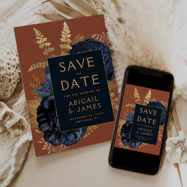 Floral Navy Blue Rust Gold Wedding Save the Date Invitation | Zazzle