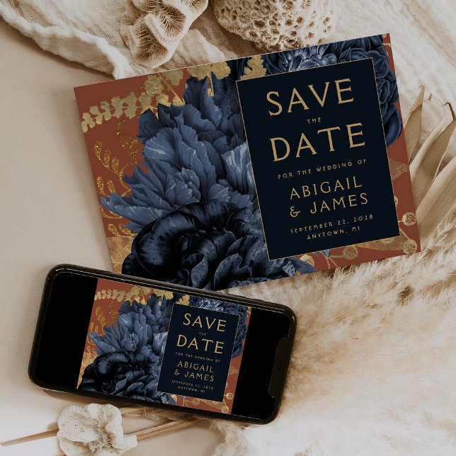 Floral Navy Blue Rust Wedding Save the Date Invitation (Creator Uploaded)