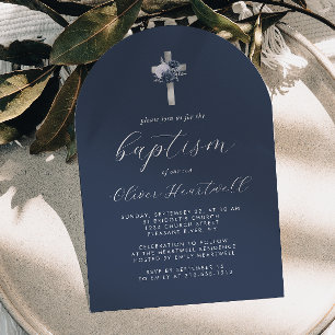 Floral Navy Blue Silver Cross Arch Boys Baptism Invitation