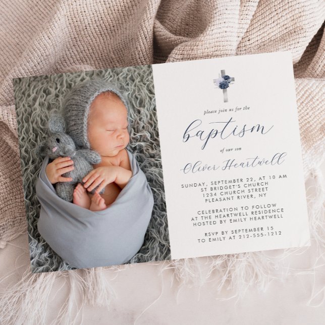 Floral Navy Blue Silver Cross Photo Boys Baptism Invitation (Creator Uploaded)