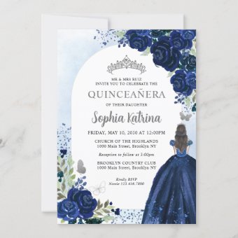 Floral Navy Blue Silver Dress Birthday Quinceanera Invitation | Zazzle