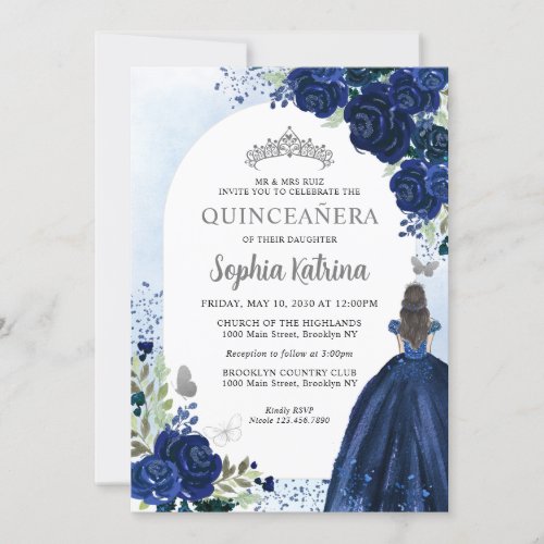 Floral Navy Blue Silver Dress Birthday Quinceanera Invitation