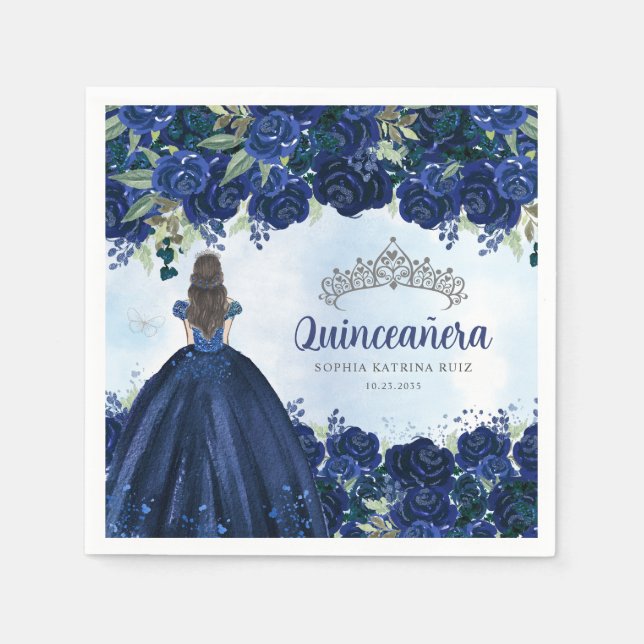 Floral Navy Blue Silver Dress Princess Quinceanera Napkins (Front)