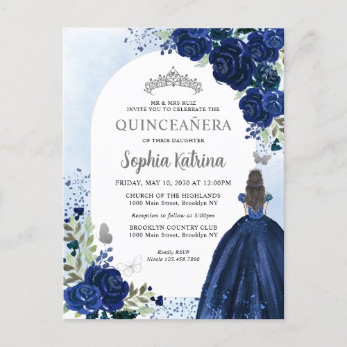 Floral Navy Blue Silver Gown Birthday Quinceanera Invitation Postcard