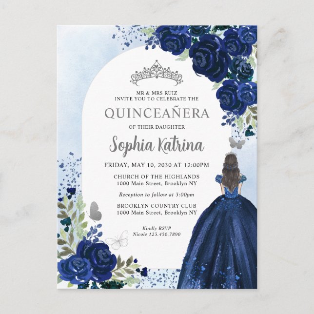 Floral Navy Blue Silver Gown Birthday Quinceanera Invitation Postcard (Front)