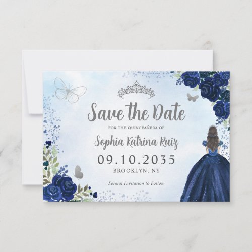 Floral Navy Blue Silver Princess Tiara Quinceanera Save The Date