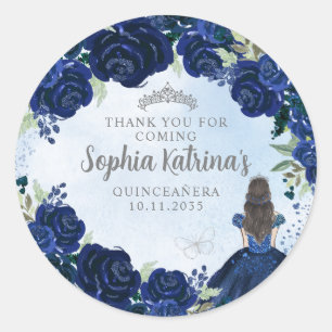 Floral Navy Blue Silver Quinceanera Birthday Favor Classic Round Sticker