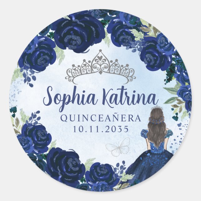 Floral Navy Blue Silver Quinceanera Birthday Favor Classic Round Sticker (Front)