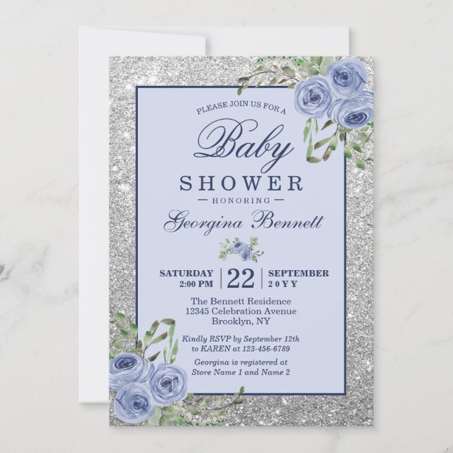 Floral Navy Blue Silver Sparkles Baby Shower Invitation (Front)