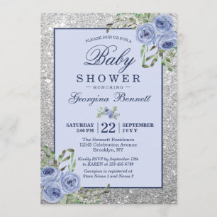 Floral Navy Blue Silver Sparkles Baby Shower Invitation