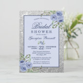 Floral Navy Blue Silver Sparkles Bridal Shower Invitation (Standing Front)