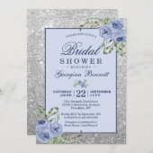 Floral Navy Blue Silver Sparkles Bridal Shower Invitation (Front/Back)