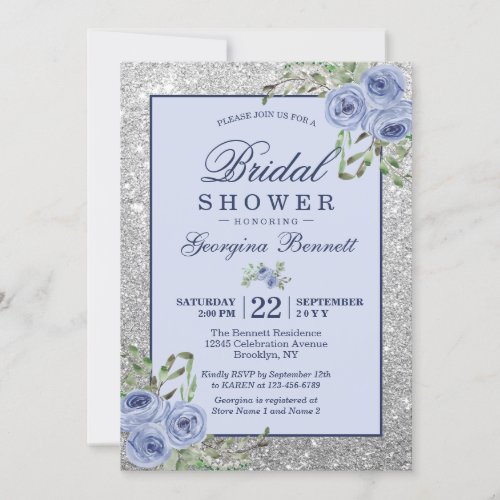 Floral Navy Blue Silver Sparkles Bridal Shower Invitation